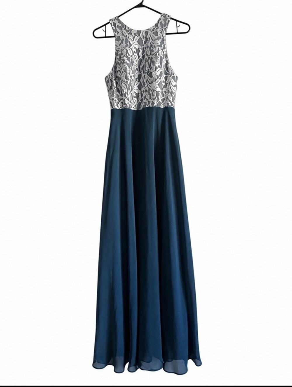 Azazie A4 Teal Blue White Lace Chiffon Maxi Dress Formal Bridesmaid Gown